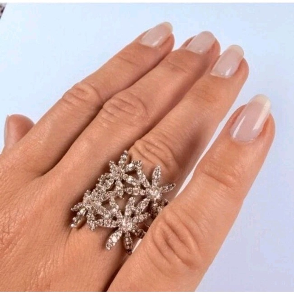 Vintage 925 Sterling Silver Cubic Zirconia Cluster Floral Statement Ring Size 7 - Picture 10 of 10